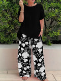 Plus Code Lady Two-Set Set Of Stylish Short-Sleeved Round Collar Top Wide Leg Trousers Print Casual