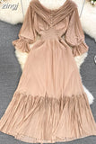 Pleated Party Midi Dress Women Sexy Slash Neck Off Shoulder Flare Long Sleeve Draped Ruffle Vestidos Female