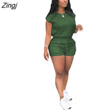 Summer Women Biker Two Piece Set Solid Color Tracksuit T shirt + Pant Sportsuit Clothes For Women