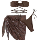 2022 New Drawstring Strapped Short Skirt Mesh Three-Piece Swimsuit
