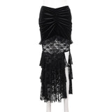 Spring 2024 New Dark Wrinkled Fishtail Multi-Layer Spliced Forked Skirt Women's