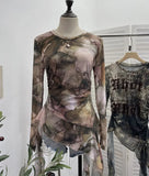 Shooting Babes Long Sleeves And Jersey Net Yarn Dye Printing Irregular Lotus Leaf Edge Ribbon Folding Top