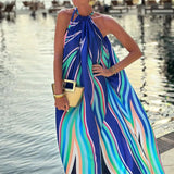 2025 Summer New Women's Fashion Print Hanging Neck Bohemian Medium Long Beach