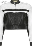 Streetwear Chic Autumn Winter PU Leather Jacket Women Zipper Coat Black White Patchwork Motorcycle Jacket Y2K