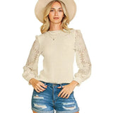 Round Collar Hollow Coated Women Autumn Fashion Pineapple Lace Splicing Sleeve Jersey