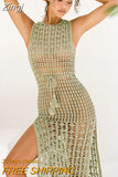 Crochet Cover Ups for Women Sexy Sleeveless Bikini Swimsuit Bathing Suit Side Split Long Beach Dress