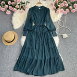 Zingj Dress New V-Neck Single Breasted Chiffon Dress Female French Retro Waist Show Thin Big Place A Word Long Skirt