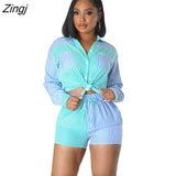 Casual Summer Tracksuit Female Two Piece Set Striped Print Turn-Down Collar Long Sleeve Shirt Tops And Mini Shorts