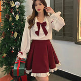 Vintage Lolita Dress Sets Cute Bow Kawaii Peter Pan Collar Puff Sleeve Shirt+High Waist Pleated Mini Skirt Lady