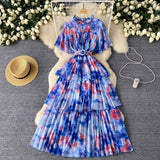 Retro Tea Faint Dyed Print Dress Women Waist Horn Sleeves Thin Temperament Lotus Leaf Side Chiffon Long