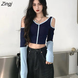 Out T-shirts Women Panelled Patchwork Hot Korean Style Club Streetwear Ins Retro Skinny Female Crop Top Trendy