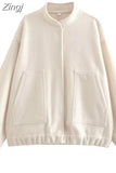 Oversize Bomber Jacket Women Beige Baseball Jackets For Women 2023 Long Sleeve Spring Jacket Woman New In