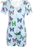 Women Sexy V-Neck Bodycon Bodysuit Casual Printed Button Sleepwear Jumpsuit Shorts Romper Leotard Sexy Ladies Summer Pajamas