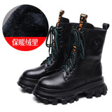 Layer Of Cowhide Autumn And Winter Plus Velvet Warm New Baibian Cake Bottom Cylinder Zipper Locomotive Boots Martin Boots