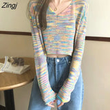 Women Patchwork V-neck Pullovers Ladies Knitting Cropped New Casual Colorful Popular Sexy College Long Sleeve