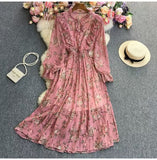 And Autumn Gentle Wind Korean Version Of Sweet Round Collar Lote Side To Receive Waist Thin A Word Broken Flower Chiffon Dress