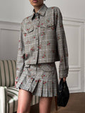 Plaid-Print Set Shirt-Style Jacket With Hundreds Of Folded Skirt Autumn And Winter Crumuml Flower Design Sweet Retro