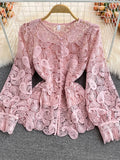 Vintage Red/White/Pink Hollow Out Lace Blouse Women Elegant Lantern Long Sleeve Single Breasted Tops Female Blusas