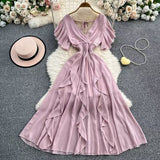 Niche Design Cross V Collar Small Flying Sleeves To Show Thin Chiffon Dress Super Fairy Leaves Side