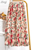 Women 2023 High Waist Floral Print Mid Calf Long Pleated Skirt Girls Summer Vintage Elegant Chiffon Midi