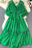 Women Pleated Chiffon Dress Sexy V-Neck Puff Sleeve High Waist Draped Vestidos Female Vacation Beach Midi Robe