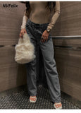 High Waist Broken Hole Slim Jeans Trousers Woman-Outfit