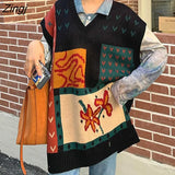 Vest Women Loose Sleeveless V-neck Print Panelled Trendy Retro All-match Japanese Style Unisex Couple Harajuku