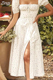 Women Floral Print Long Dress Summer Chic Short Sleeve Square Collar Split A Line Party Sundress Ladies Holiday Beach
