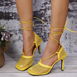 Summer New Fashion Mesh Breathable Square High Heel Fine Heel Tie Women's