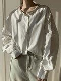 Spring Round Collar Single Buckle Pearl Necker Casual Striped Shirt Women Casual Ocean Sweet