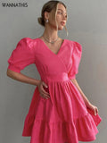 Puff Short Sleeve Summer Dresses Women Loose V-Neck Ruffle Solid Mini Sexy Party Elegant Mini Dress For Girl