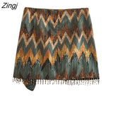 Women Vintage Geometric Print Knotted Mini Sarong Skirt Faldas Mujer Female Beading Tassel Casual Zipper Vestidos