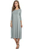 Women Round Neck Shirt Half Sleeve Solid Long Skirt Color Wide Hem