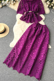 Women Hollow Out Two Piece Set Vintage Turn-Down Collar Short Sleeve Tops + High Waist Long Skirt 2Pcs Suit New
