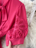 Rose Red/White Lace Hollow Out Party Long Dress Elegant Bow Collar Puff Short Sleeve High Waist A-Line Maxi Vestidos