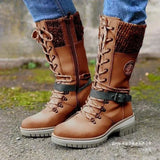 Front Faescing With Round-Headed Knight Boots Women's Belt Buckle Thick Leather