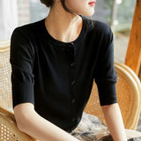 Knitted Jersey Women's Early Spring Round Collar Collar In The Middle Sleeve Ice Silk Thin Model Hit The Bottom Of The Coat Female