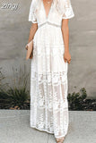 Dress Women Summer Ladies Casual Loose Embroidery Lace Long Dress Female V Neck Short Sleeves Beach Dress Vacation