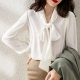 And Autumn 2025 New Solid Color Ribbon With Bow Chiffon Shirt Women Fashion Oceanic
