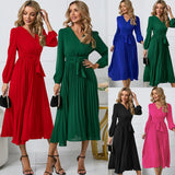 Thin Women's New Long-Sleeved Slim 100-Folded Belt V-Neck Dress