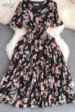 Bohemian Women Floral Printed Midi Dress Elegant V-Neck Short Sleeve High Waist Draped Slim Big Swing Vestidos Female