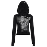 Print Punching Design Hooded T-Shirt Thin Casual Hottie Sexy Long-Sleeved