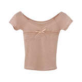 Design Big V-Collar Lace Collage Split Bow Short-Sleeved T-Shirt Women's Summer New Pure Korean