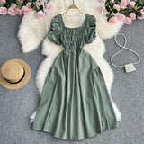 Zingj Vacation Wind French Retro Square Collar Waist Dress Female Summer Design Sense Bubble Short Sleeve Fairy