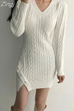 Button Dress for Women Korean Fashion Casual Slim V-Neck Solid Long Sleeve Knitting Mini Dresses Autumn Winter
