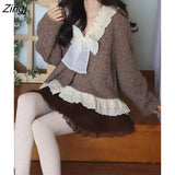 Ruffles Knitted Cardigan Women 2022 Winter Bow Japanese Lace Warm Sweet Sweater Female Single-breasted Korean Casual