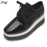 new Spring Casual Solid Flat Women Shoes Patent Leather Lace-Up Loafers Flat Platforms British Style Ladies