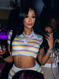 Knitted Striped Two Piece Sets Short Sleeve Stretch Classic Lapel Tops+Mini Split Skirts Matching Streetwear