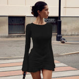 Autumn Women's New Fashion Round Neck Long Sleeves Folded Taut Knot Short Bag Hip