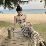 Zingj Summer New French Style Tassel Edge Black And White Striped Knit Strapless Vest Skirt Suit